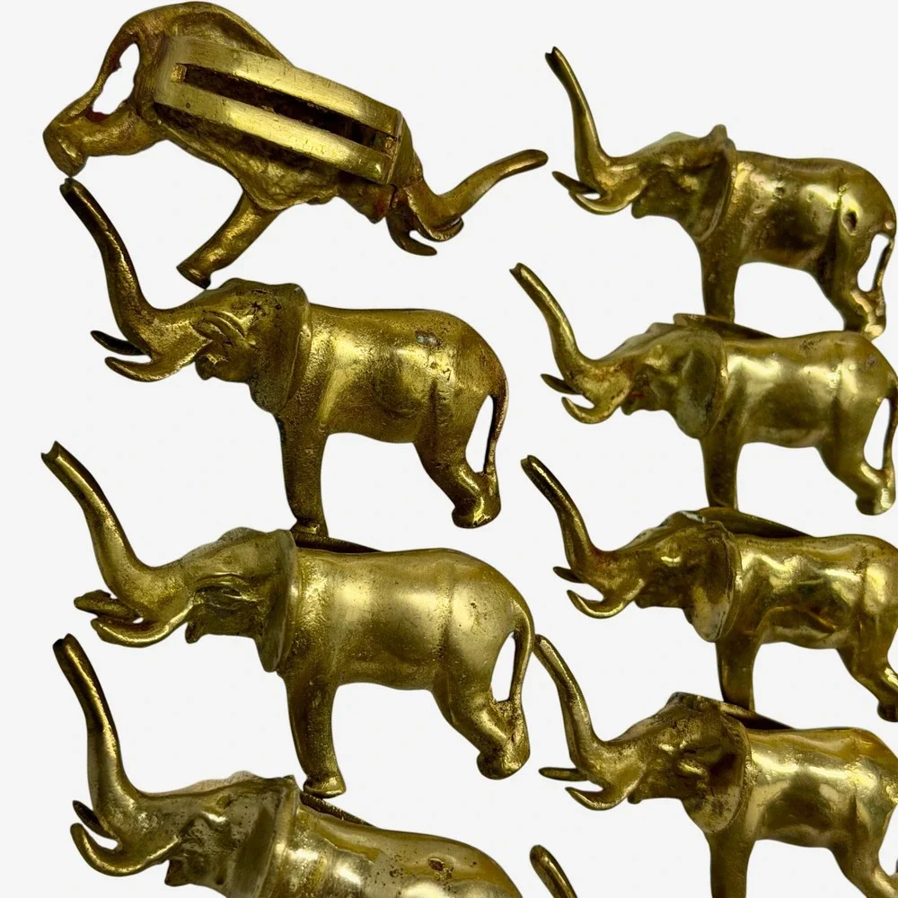 Vintage Brass Elephant and Lion Napkin Rings Set of 10 Made in India Gold Tone